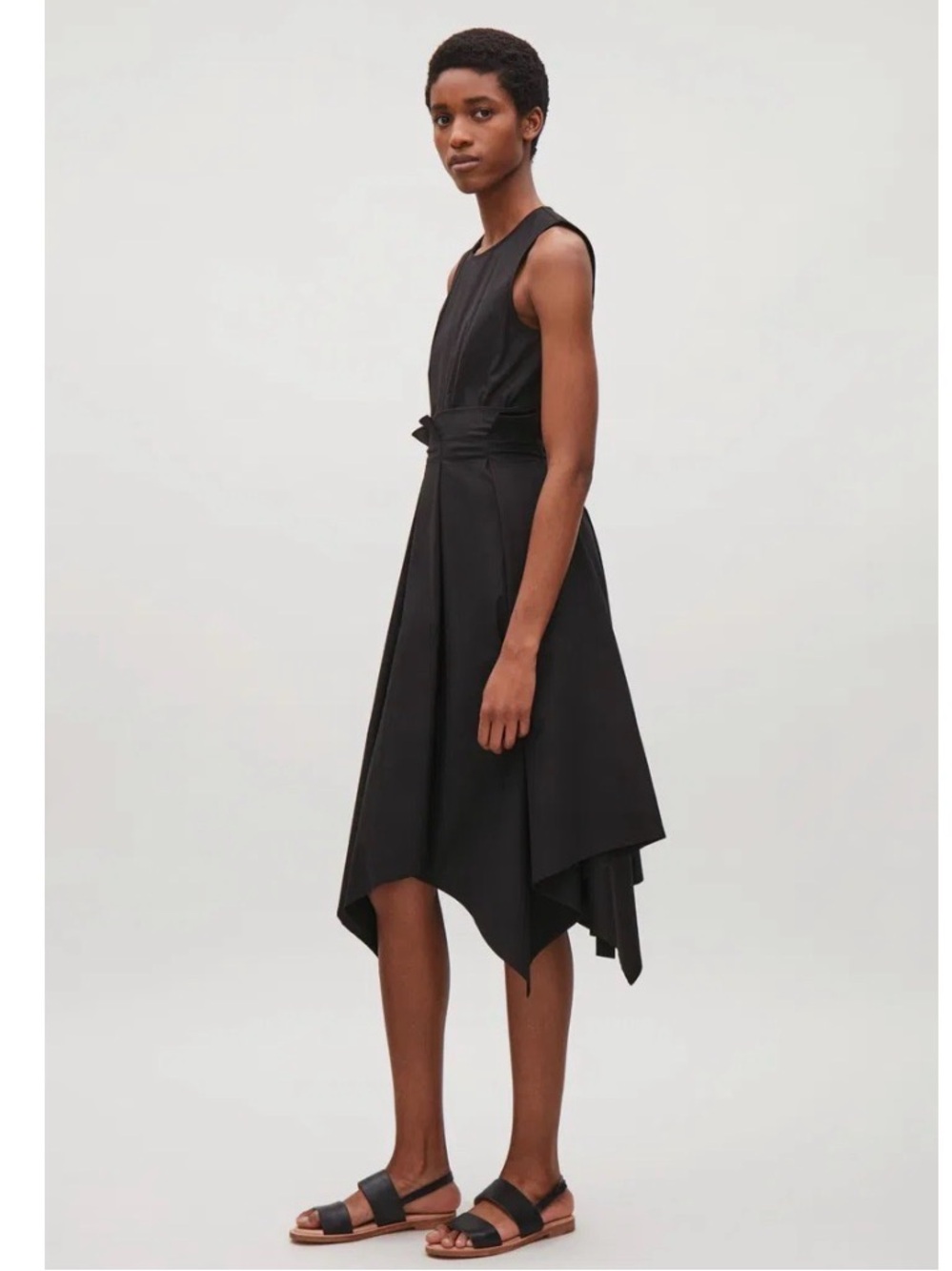 COS Black Sleeveless Asymmetrical Hem Dress with Waist Tie, size 8